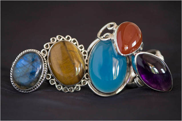 Labradorite, Tiger Eye, Chalcedony, Carnelian & Amethyst Cabochon Rings